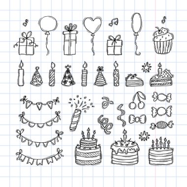 Elle çizilmiş doğum günü öğeleri. Tatil koleksiyonu. Parti tasarım unsurları. Karalama dekorasyonu. Vektör illüstrasyonu