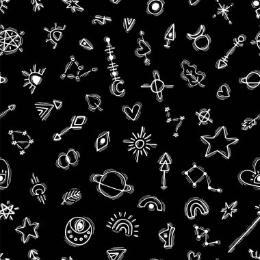 Elle çizilmiş boho elementleriyle kusursuz desen. Sihir. Etnik tarzda. Dövme. Kabile geçmişi. Vektör illüstrasyonu