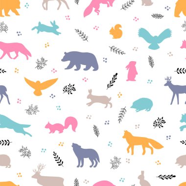 Vahşi orman hayvanlarıyla kusursuz bir düzen. Orman hayatı. Tekstil, kumaş, ambalaj kağıdı ve giysi için arka plan. Vektör illüstrasyonu