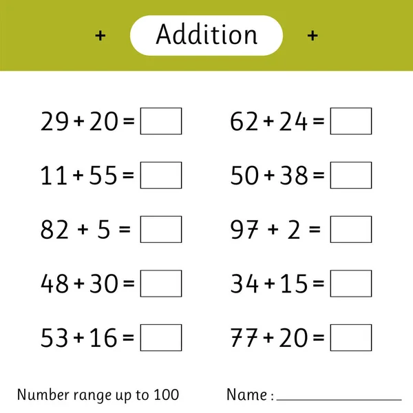 Addition Number Range 100 Math Worksheet Kids Solve Examples Write — 스톡 벡터