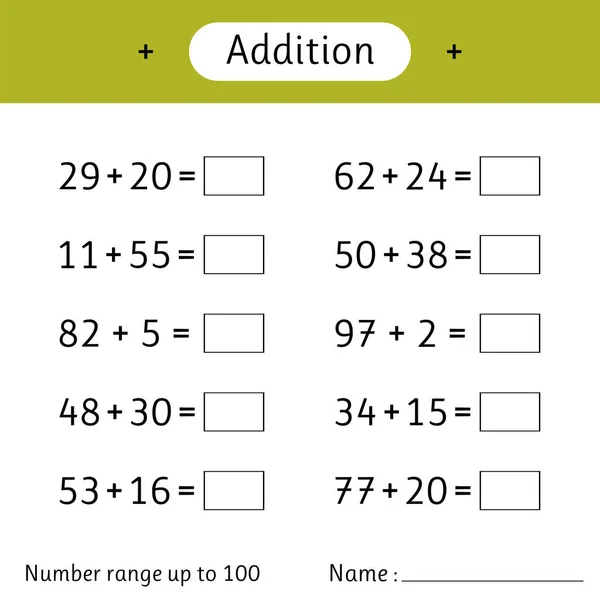 Zusatz Die Anzahl Reicht Bis 100 Mathe Arbeitsblatt Für Kinder — Stockvektor