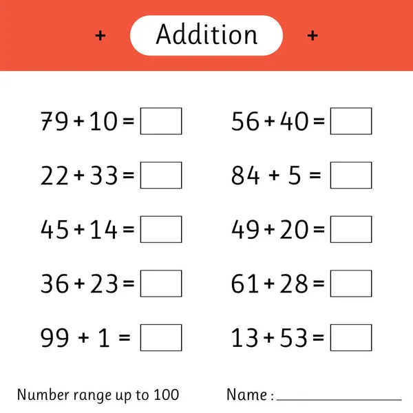 Addition Number Range 100 Math Worksheet Kids Developing Numeracy Skills — Vector de stock
