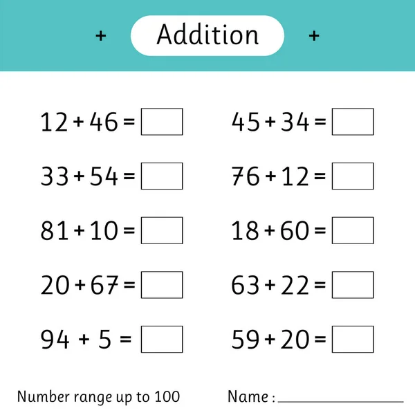 Addition Number Range 100 Math Worksheet Kids Solve Examples Write — Vector de stock