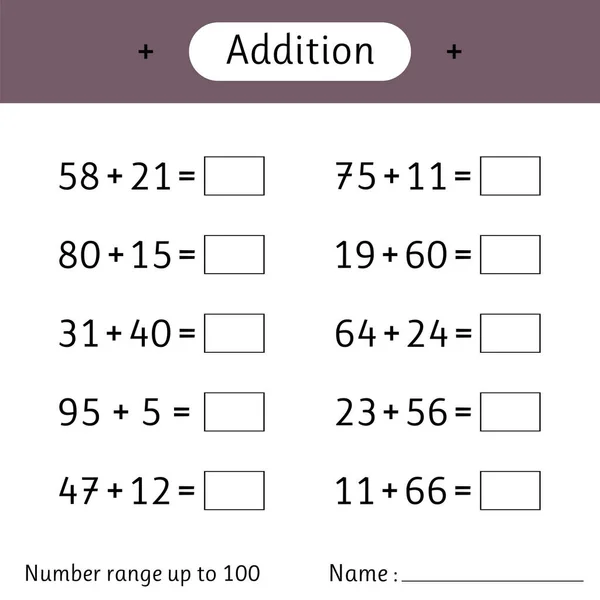 Addition Number Range 100 Mathematics Math Worksheet Kids Solve Examples — Wektor stockowy