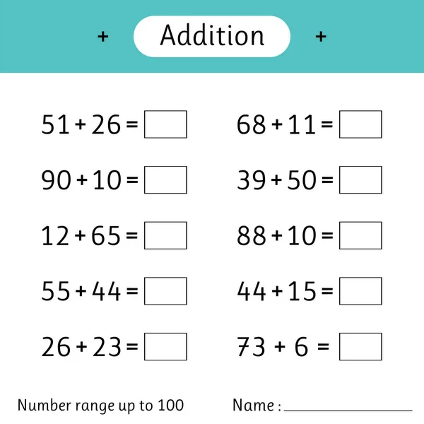 Addition Number Range 100 Mathematics Math Worksheet Kids Solve Examples — Vector de stock