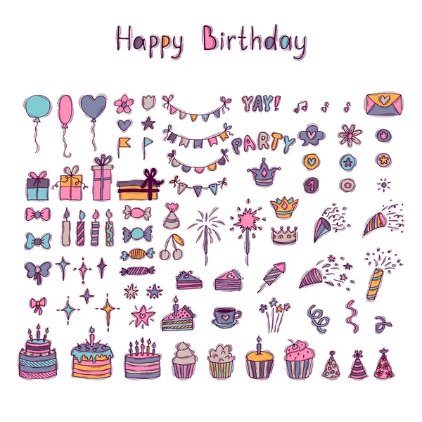 Hand Drawn Birthday Elements Doodle Decoration Set Party Elements Holiday — Stockvektor