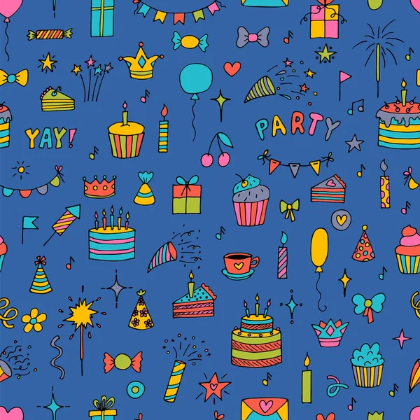 Hand Drawn Birthday Seamless Pattern Party Theme Cute Background Vector — Vettoriale Stock