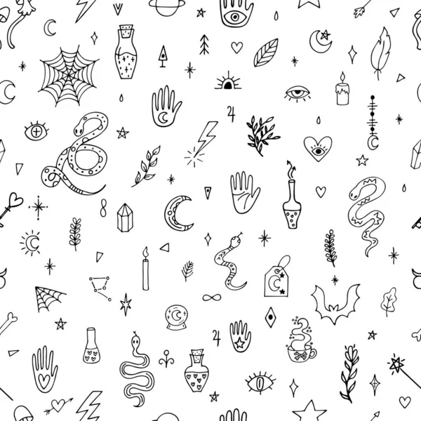 Magical Hand Drawn Seamless Pattern Doodle Boho Style Halloween Witchcraft — Vettoriale Stock