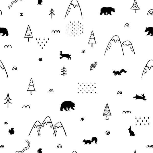 Seamless Pattern Wild Forest Animals Woodland Life Hand Drawn Background — ストックベクタ