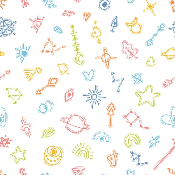 Seamless Pattern Hand Drawn Magic Witch Elements Ethnic Style Tribal — Stock vektor