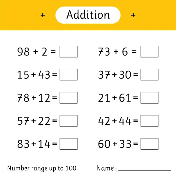 Addition Number Range 100 Math Worksheet Kids Mathematics Solve Examples Ilustración De Stock