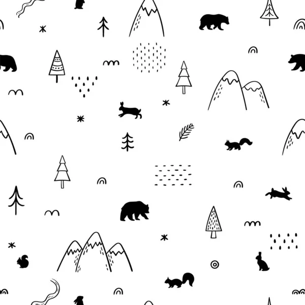 Seamless Pattern Wild Forest Animals Woodland Life Hand Drawn Background 벡터 그래픽