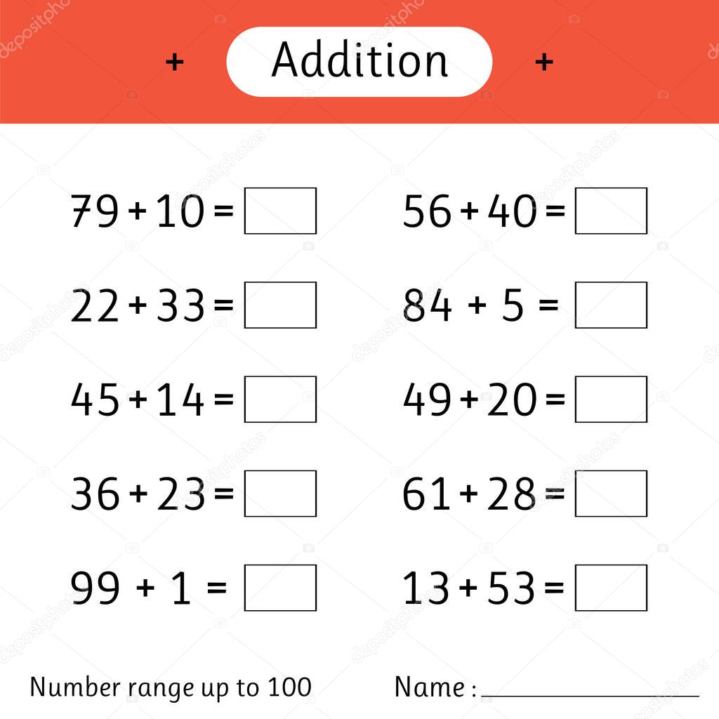 Addition. Number range up to 100. Math worksheet for kids. Developing numeracy skills. Solve examples and write. Mathematics. Vector illustration
