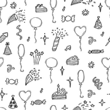 Birthday theme. Hand drawn party seamless pattern. Cute doodle background. Happy Birthday. Vector illustration