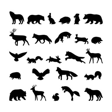 Forest animals. Hand drawn silhouettes. Black outline wild woodland animals. Bear, deer, wolf, fox, owl, hedgehog, squirrel, hare. Vector illustration