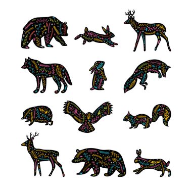Forest animals with floral elements. Hand drawn silhouettes. Flourish ornament. Scandinavian style. Vector illustration