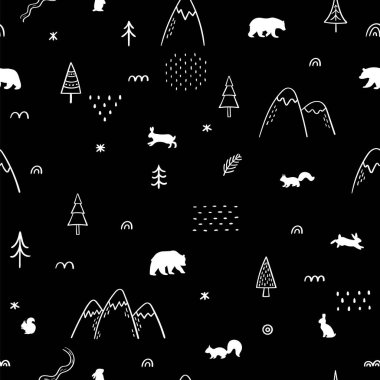 Seamless pattern with wild forest animals. Hand drawn background. Woodland life. Vector illustration