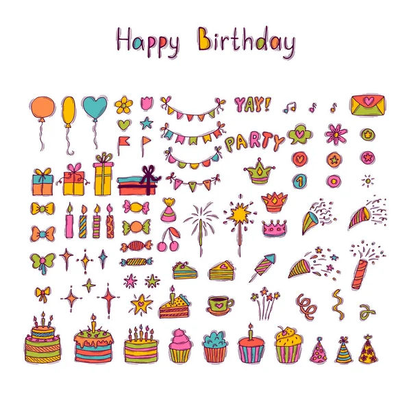 Set Hand Drawn Birthday Party Design Elements Balloons Cupcakes Cakes — Stockvektor