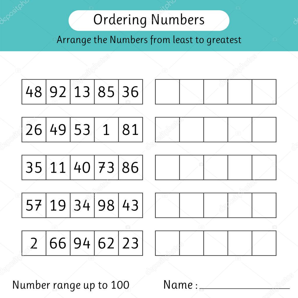 Ordering numbers worksheet. Arrange the numbers from least to greatest. Mathematics. Number range up to 100. Vector illustration