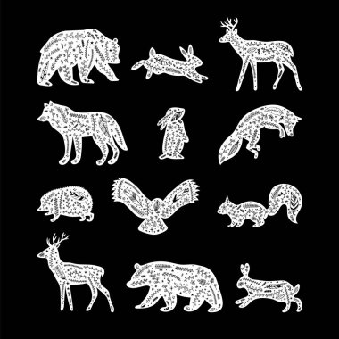 Forest animals with floral elements. Hand drawn silhouettes. Flourish ornament. Wild woodland animals. Vector illustration