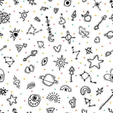Cute seamless pattern with hand drawn boho elements. Ethnic style. Tribal background. Magic. Vector illustration