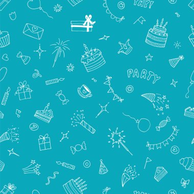 Funny Birthday seamless pattern. Cute doodle background. Happy Birthday. Hand drawn party theme. Vector illustration