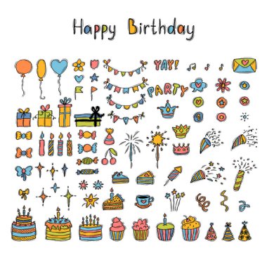 Hand drawn Birthday elements. Holiday collection. Party time clipart. Doodle decoration. Set of party elements. Vector illustration