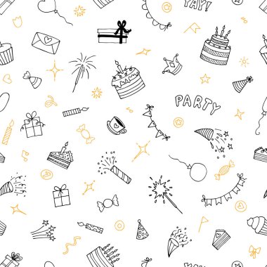 Happy Birthday. Hand drawn party seamless pattern. Cute doodle background. Birthday theme. Vector illustration