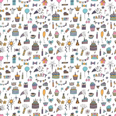 Hand drawn Birthday seamless pattern. Happy Birthday print. Cute party background. Vector illustration