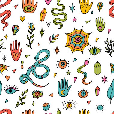 Magical hand drawn seamless pattern. Witchcraft print. Doodle boho style. Halloween. Mystical esoteric background. Vector illustration