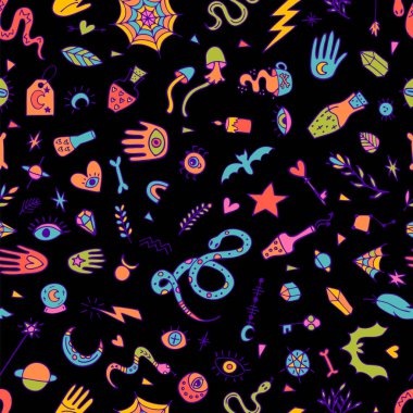 Mystical esoteric background. Doodle boho style. Halloween. Magical hand drawn seamless pattern. Witchcraft print. Vector illustration