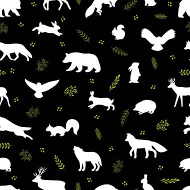 Seamless pattern with wild forest animals. Woodland life. Background for textile, wrapping paper, fabric, clothing. Vector illustration