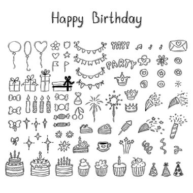 Set of hand drawn birthday party design elements. Happy Birthday. Balloons, cupcakes, cakes, gifts, candles, bows and festive attributes. Vector illustration