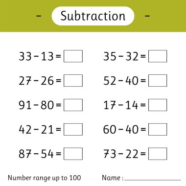 Subtraction. Number range up to 100. Math worksheet for kids. Mathematics. Solve examples and write. Developing numeracy skills. Vector illustration