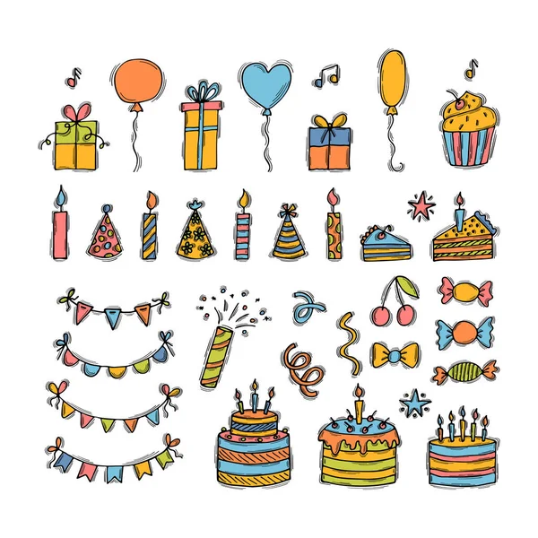 Hand drawn Birthday elements. Holiday collection. Set of party elements. Doodle decoration. Vector illustration