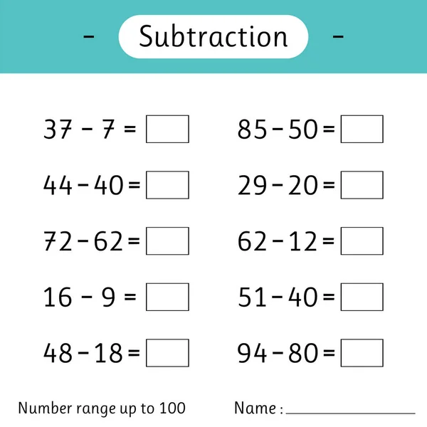 Subtraction Number Range 100 Math Worksheet Kids Developing Numeracy Skills Stok Vektör