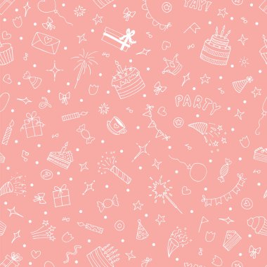 Hand drawn party seamless pattern. Cute doodle background. Birthday theme. Happy Birthday. Vector illustration