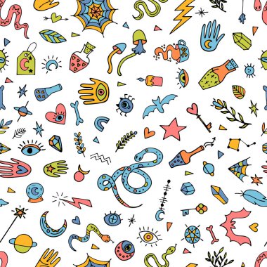 Mystical esoteric background. Halloween. Doodle boho style. Magical hand drawn seamless pattern. Witchcraft print. Vector illustration