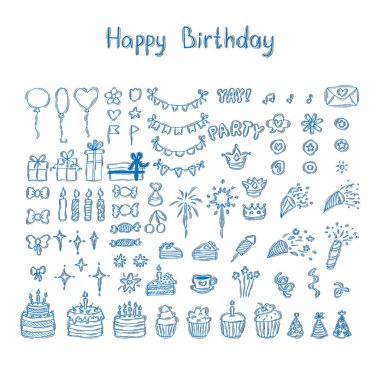 Set of hand drawn birthday party design elements. Happy Birthday. Balloons, cakes, cupcakes, gifts, candles, bows and festive attributes. Vector illustration