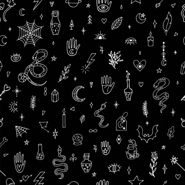 Magical Hand Drawn Seamless Pattern Doodle Boho Style Witchcraft Print — Stock Vector