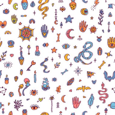 Elle çizilmiş sihirli, pürüzsüz desen. Cadılar Bayramı. Doodle boho tarzı. Büyücülük baskısı. Gizemli ve gizemli bir geçmişi var. Vektör illüstrasyonu
