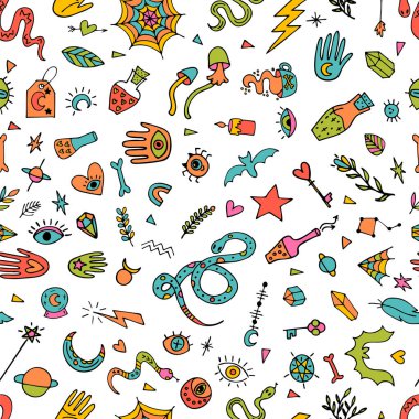 El çizimi pürüzsüz desen. Doodle boho tarzı. Büyücülük baskısı. Cadılar Bayramı. Gizemli ve gizemli bir geçmişi var. Vektör illüstrasyonu