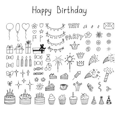 El çizimi doğum günü partisi tasarım elemanları. Balonlar, kekler, kekler, hediyeler, mumlar, yaylar ve şenlik nitelikleri. Doğum günün kutlu olsun. Vektör illüstrasyonu