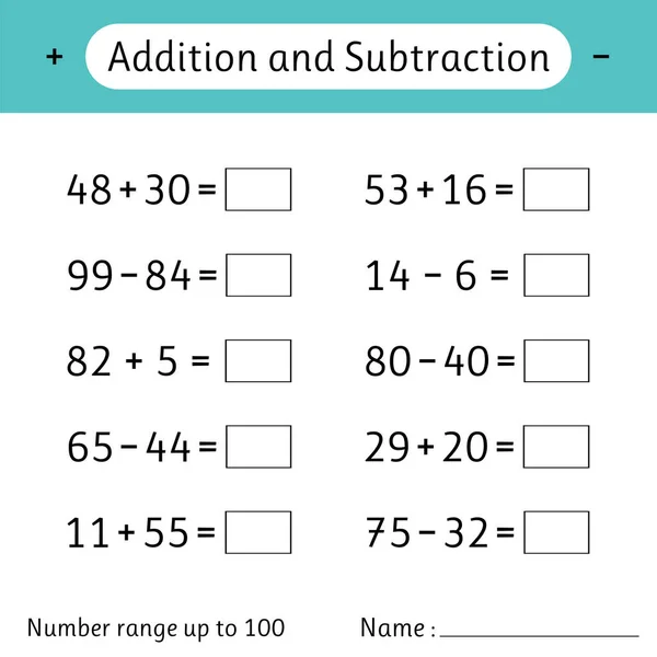 Sčítání Odčítání Rozsah Čísel Až100 Matematický List Pro Děti Matematika — Stockový vektor