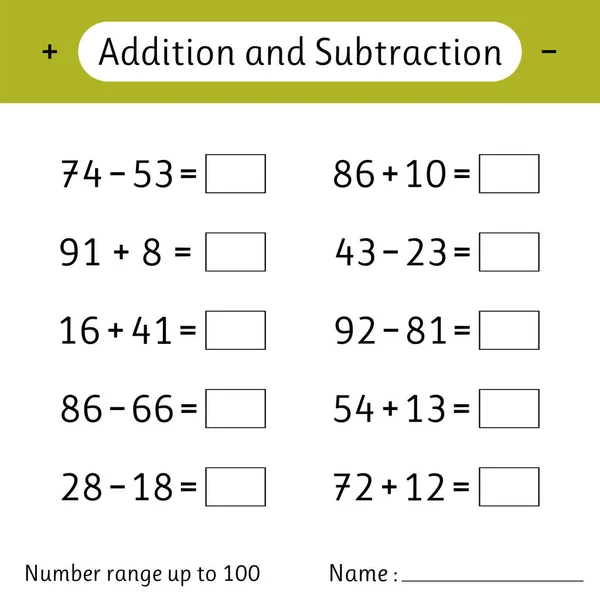 Addition Und Subtraktion Die Anzahl Reicht Bis 100 Mathe Arbeitsblatt — Stockvektor