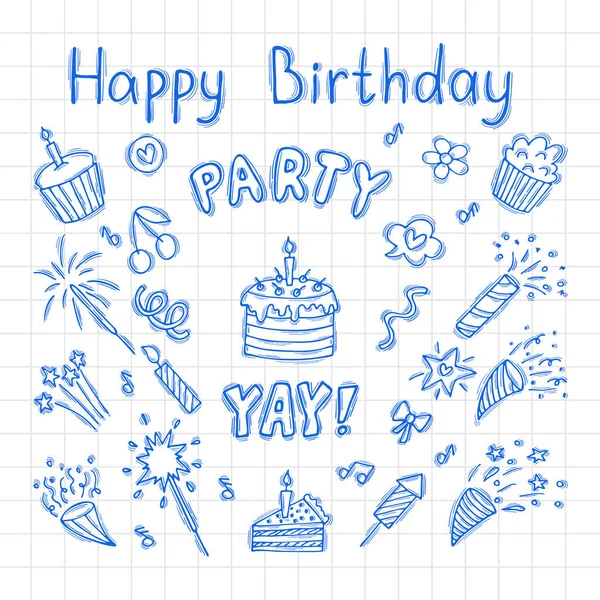 Handgezeichnete Geburtstagselemente Set Von Party Design Elementen Party Postkarte Doodle — Stockvektor