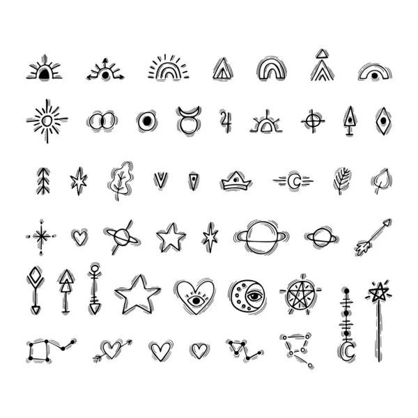 Mano Dibujado Símbolos Mágicos Iconos Garabatos Alquimia Esotérica Bruja Elementos — Vector de stock