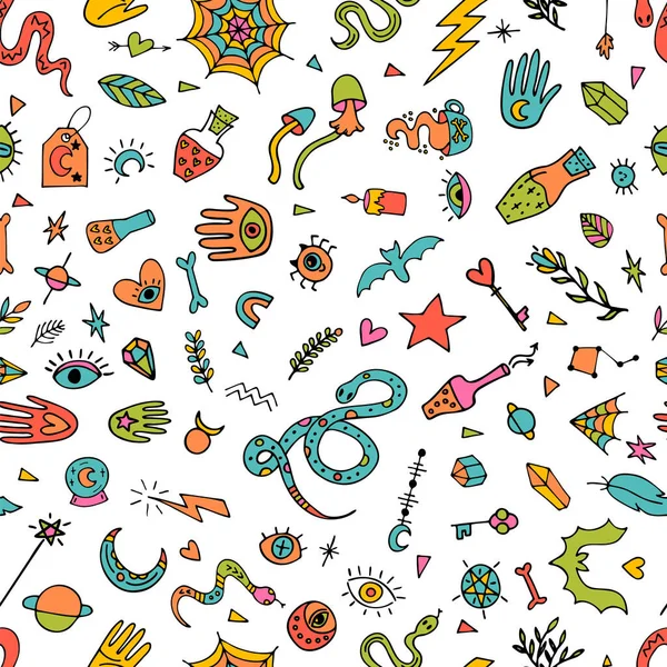 Modello Senza Cuciture Disegnato Mano Doodle Stile Boho Stregoneria Halloween — Vettoriale Stock