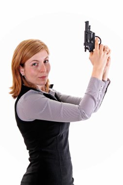 Silahlı seksi bir askeri kadının fotoğrafı.