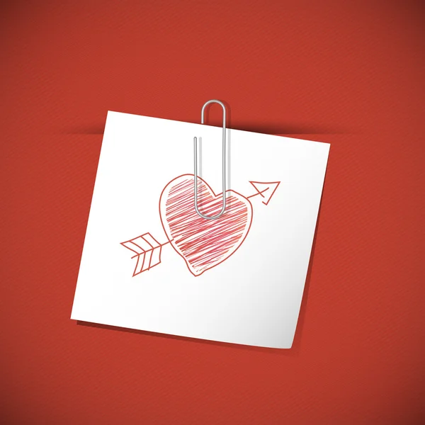 Weißer Zettel mit Clip und rotem Herz — Stockvektor